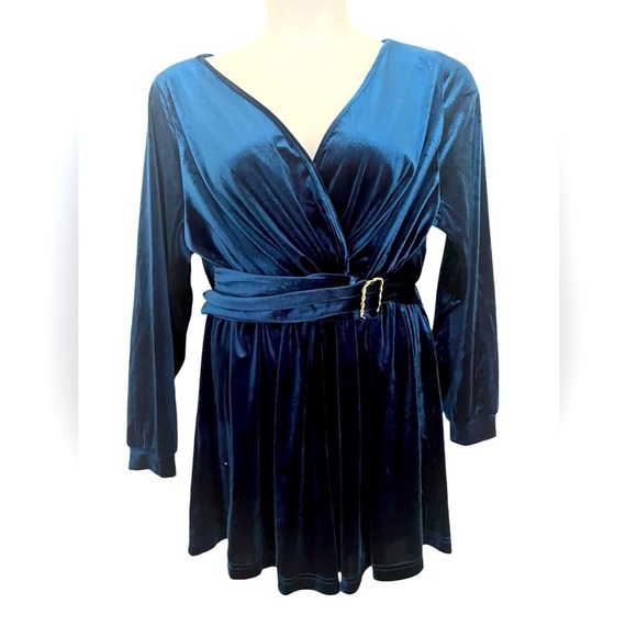 Cider Dresses & Skirts - Cider Blue Velvet Romper Mock Wrap Long Sleeve with Gold Buckle Belt Size 0XL